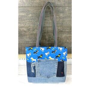 Handmade Upcycled Denim  Dog Tote Bag Pockets Outside & Inside Top Handle